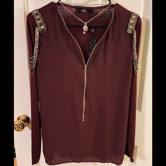 BKE Burgandy Military Embellished Zip Front Top - Picture 3 of 8